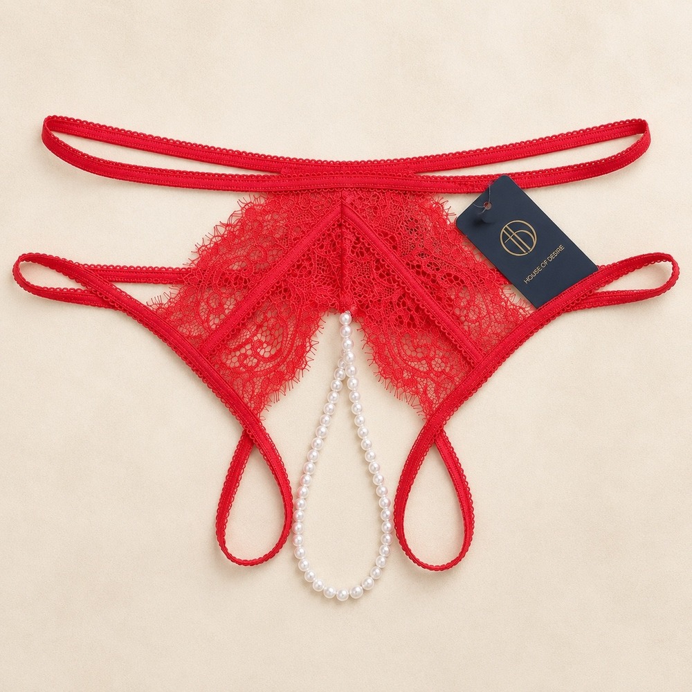 House of Desire Red Lace Pearl Thong Panty Medium Romantic Provocative New